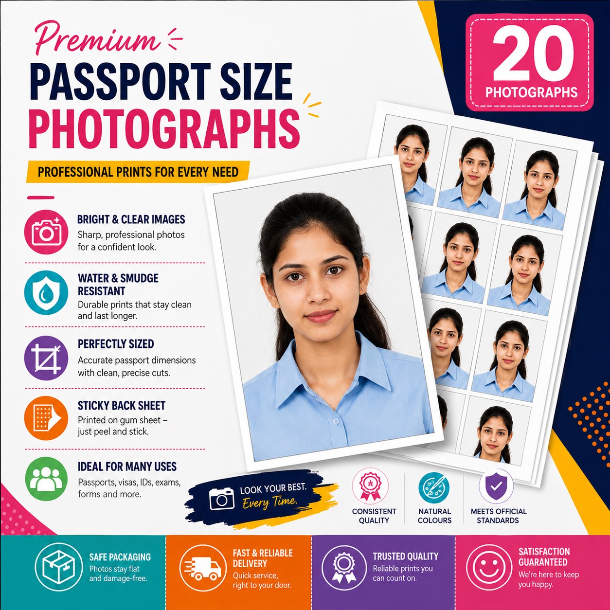 Passport Size Photo Printing Service – 20 Prints, 35x45 mm Standard Size, Custom Photo Prints on Premium Photo Paper