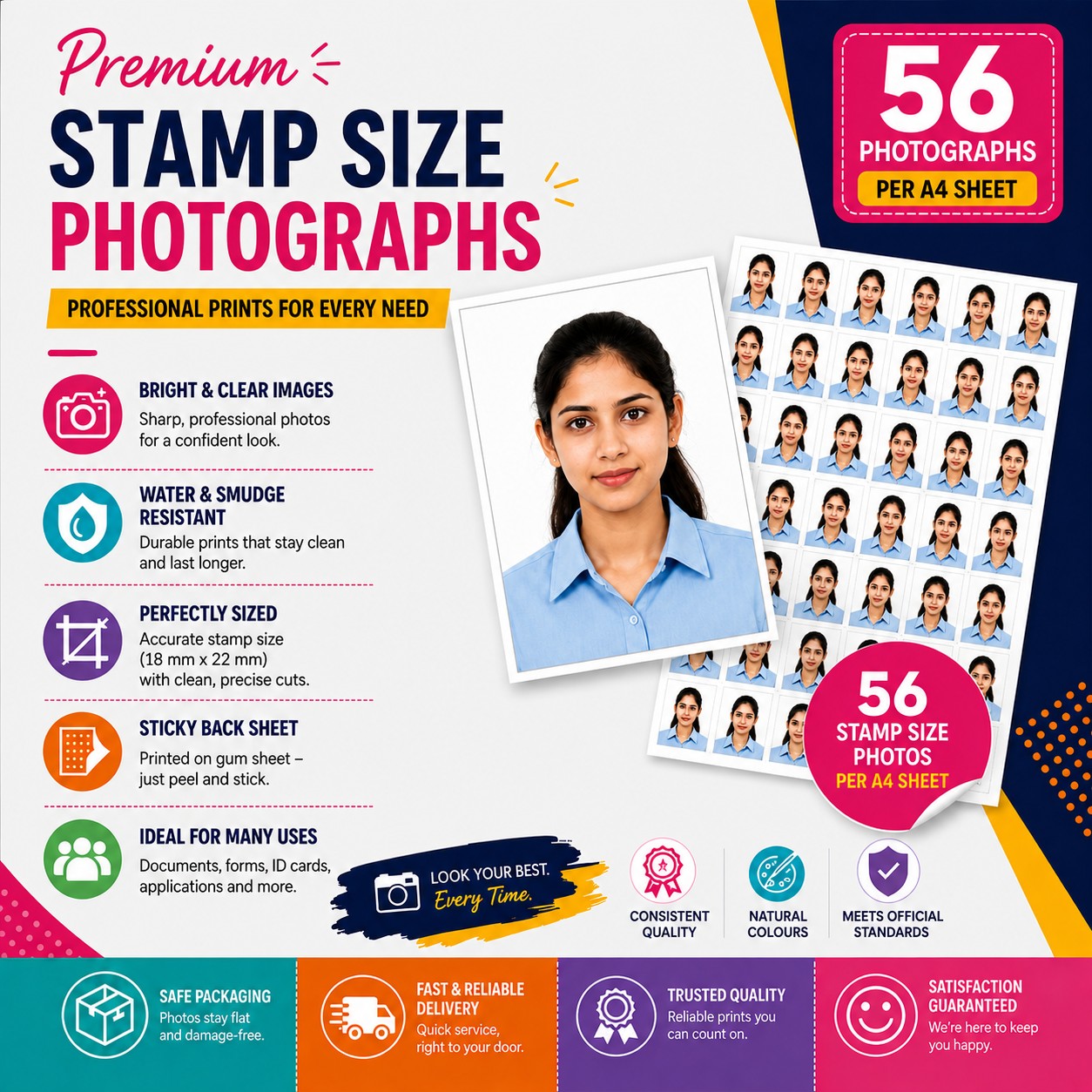 Stamp Size Photo Printing Service – 56 Prints per A4 Sheet, 18x22 mm Custom Photo Prints
