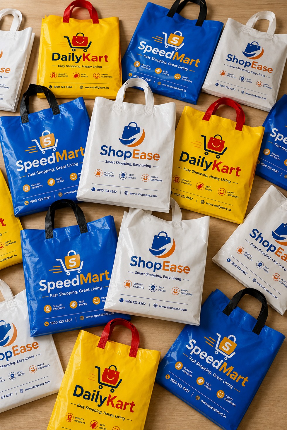 Custom Loop Handle Plastic Bag Printing Service | Personalized Carry Bags with Logo & Company Name | HDPE/LDPE Printed Shopping Bags | Single & Multi Color Printing