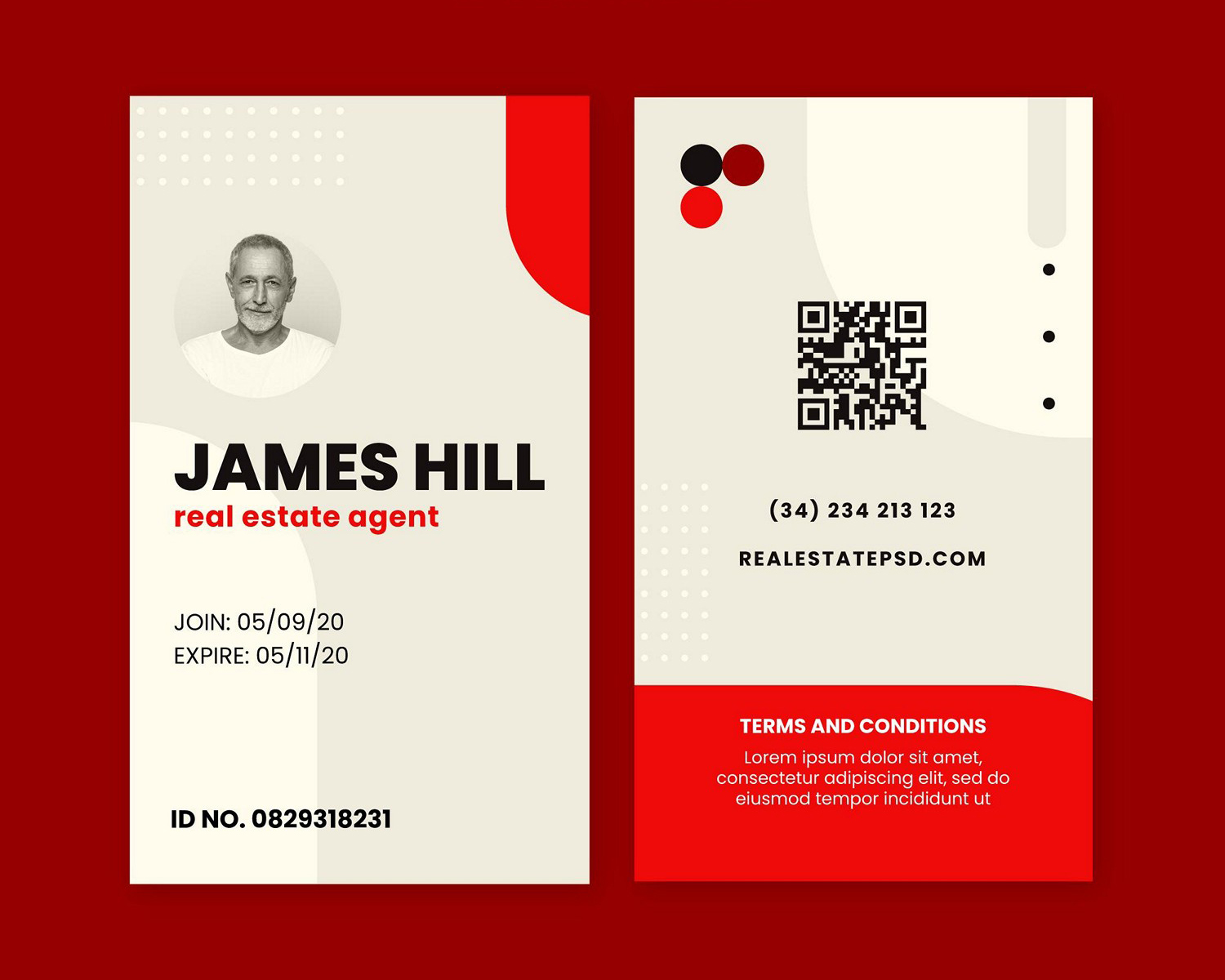 Modern & Sleek Red & White Real Estate Agent ID Card - Digital Print Ready