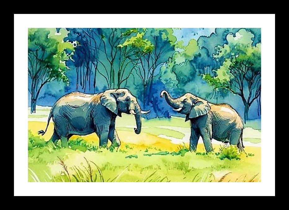 Savanna Serenity: Two Elephants Grazing - A Vibrant Portrait Wall Art, Interior Accents, Framing Solutions, Residential/Commercial Decor, Premium Gifts | Size: 8 x 12 inches