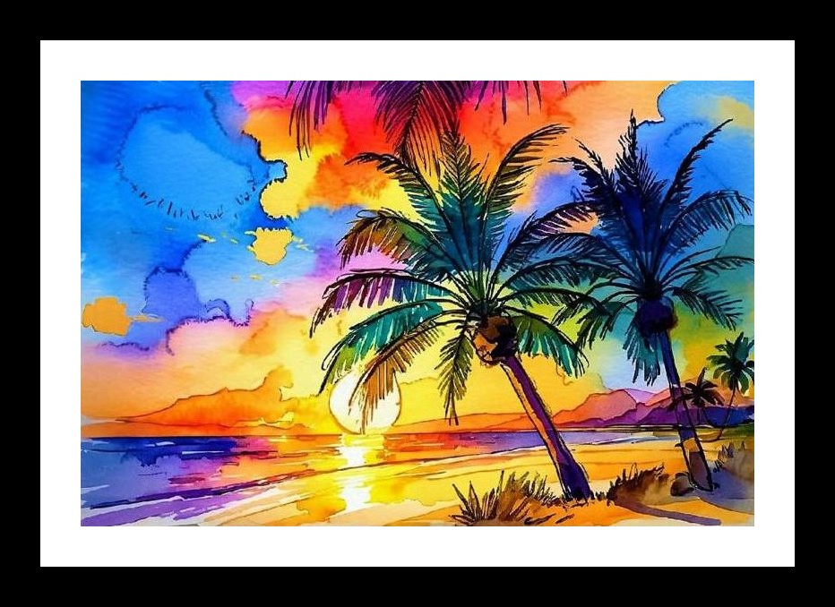 Tropical Sunset Watercolor Beach Scene - Vibrant Palm Tree Art Wall Art, Interior Accents, Framing Solutions, Residential/Commercial Decor, Premium Gifts | Size: 8 x 12 inches