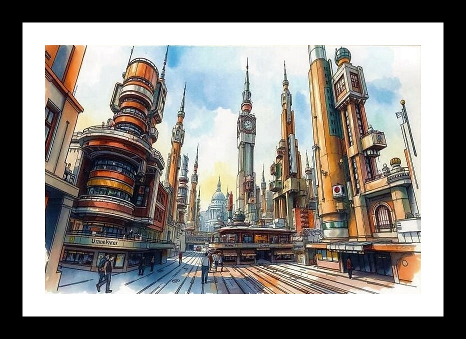 Envision 2050: Futuristic Cityscape Portrait with Towering Clock House, Photo Frame With Photo, Wall Hanging Art, Wall Decor, Home Decor, Picture Frame | Size: 8 x 12 inches