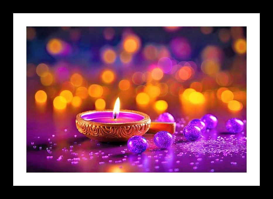 Diwali Glow: Diya in Purple Bokeh Light. Wall Art, Interior Accents, Framing Solutions, Residential/Commercial Decor, Premium Gifts | Size: 8 x 12 inches