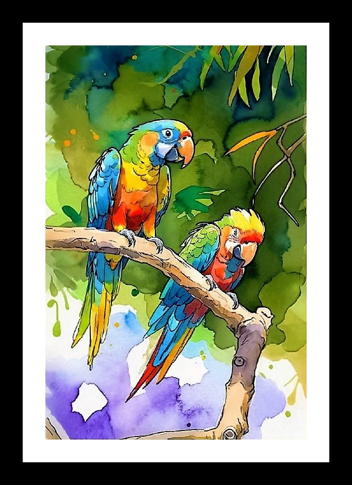 Tropical Parrot Paradise: Watercolor Jungle Birds Wall Art, Interior Accents, Framing Solutions, Residential/Commercial Decor, Premium Gifts | Size: 8 x 12 inches