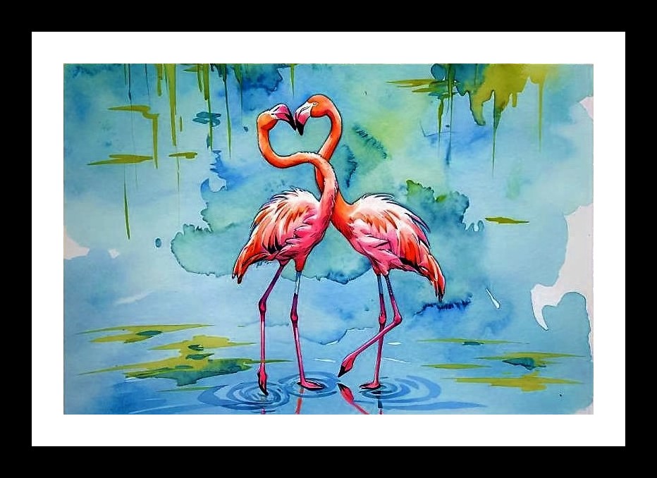 Flamingo Heart Watercolor Portrait - Serene Beauty Wall Art, Interior Accents, Framing Solutions, Residential/Commercial Decor, Premium Gifts | Size: 8 x 12 inches