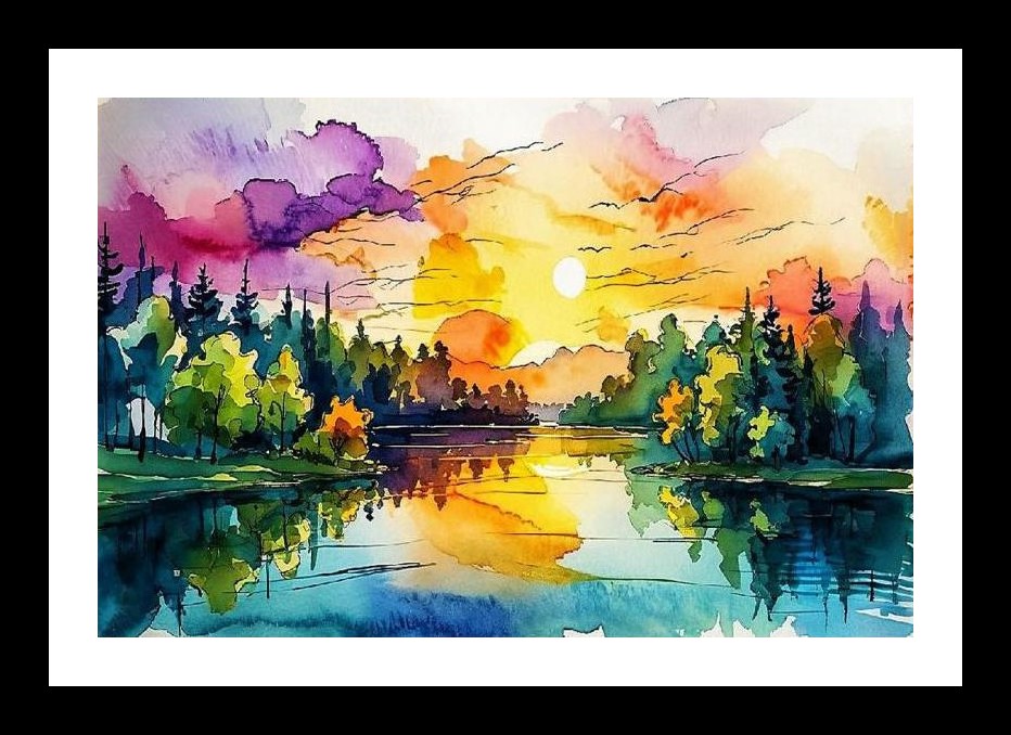 Sunset Lake Portrait: Vibrant Reflection. Wall Art, Interior Accents, Framing Solutions, Residential/Commercial Decor, Premium Gifts | Size: 8 x 12 inches