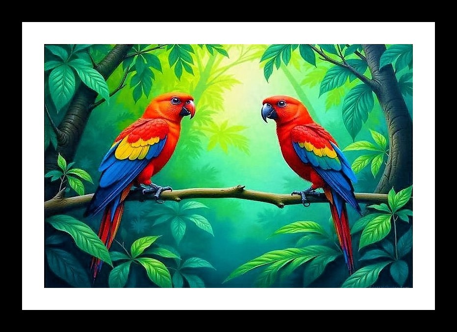 Tropical Parrots Portrait: Jungle Serenity Art. Photo Frame With Photo, Wall Hanging Art, Wall Decor, Home Decor, Picture Frame | Size: 8 x 12 inches
