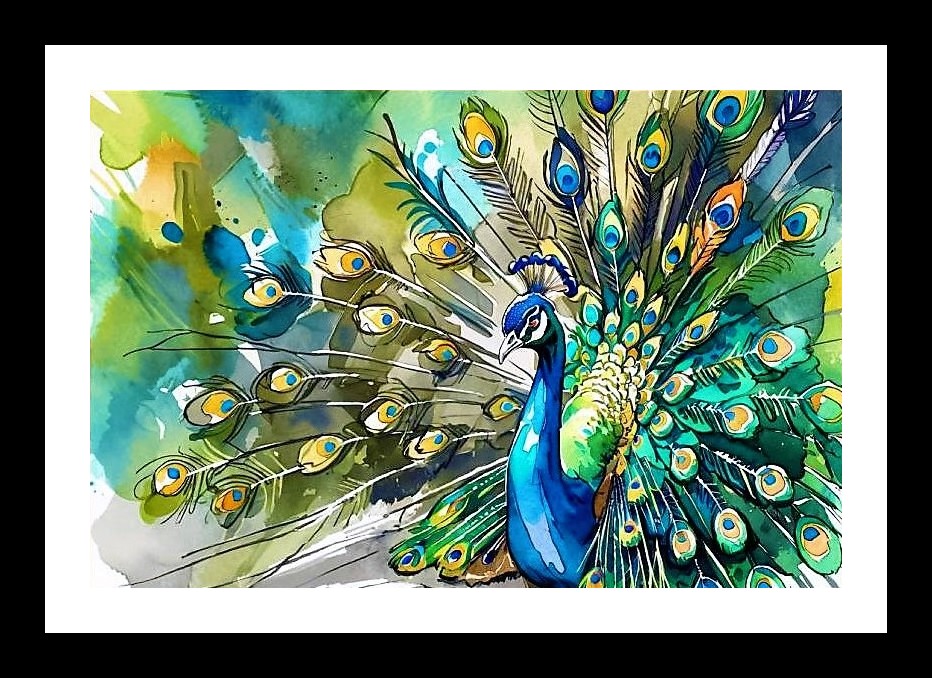 Majestic Peacock Dance Watercolor Art: Feathers Unfurled. Wall Art, Interior Accents, Framing Solutions, Residential/Commercial Decor, Premium Gifts | Size: 8 x 12 inches