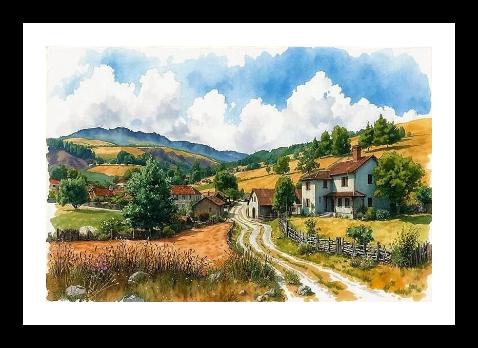 Charming Village Lane Portrait: Rolling Hills & Summer Sky Wall Art, Interior Accents, Framing Solutions, Residential/Commercial Decor, Premium Gifts | Size: 8 x 12 inches