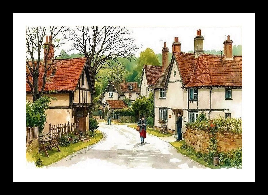 Quaint Village Watercolor Portrait Wall Art, Interior Accents, Framing Solutions, Residential/Commercial Decor, Premium Gifts | Size: 8 x 12 inches