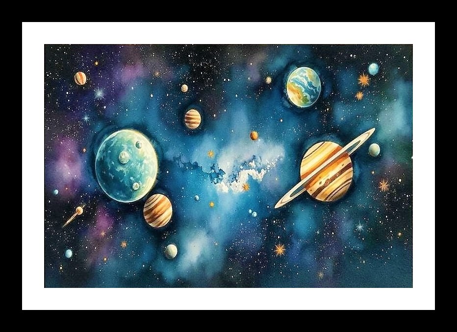 Cosmic Watercolor Dance: Celestial Planets & Stars Portrait. Wall Art, Interior Accents, Framing Solutions, Residential/Commercial Decor, Premium Gifts | Size: 8 x 12 inches