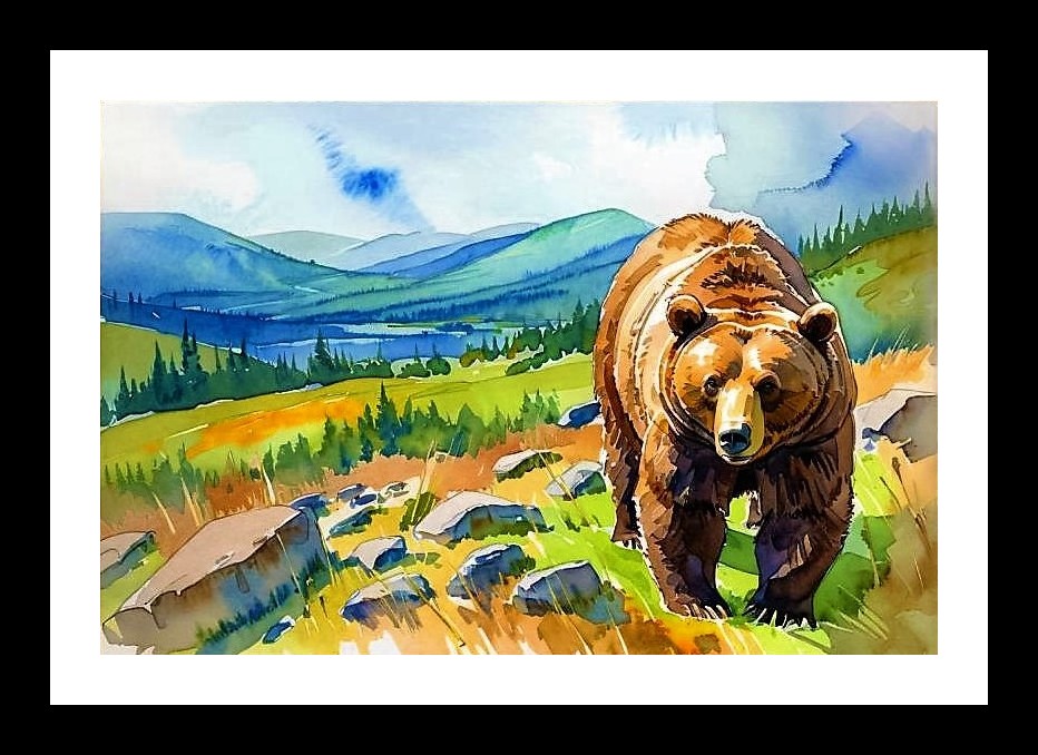 Watercolor Bear Jungle Portrait - Lush Green Landscape Photo Frame With Photo, Wall Hanging Art, Wall Decor, Home Decor, Picture Frame | Size: 8 x 12 inches