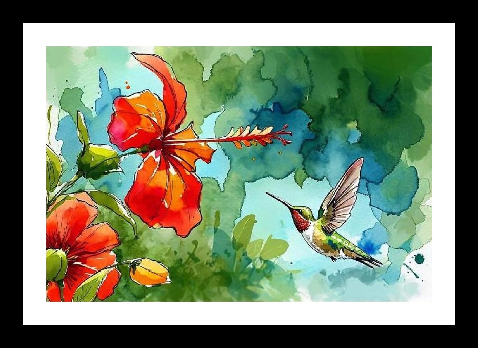 Hummingbird & Hibiscus Watercolor Portrait - Exquisite Wall Art. Wall Art, Interior Accents, Framing Solutions, Residential/Commercial Decor, Premium Gifts | Size: 8 x 12 inches