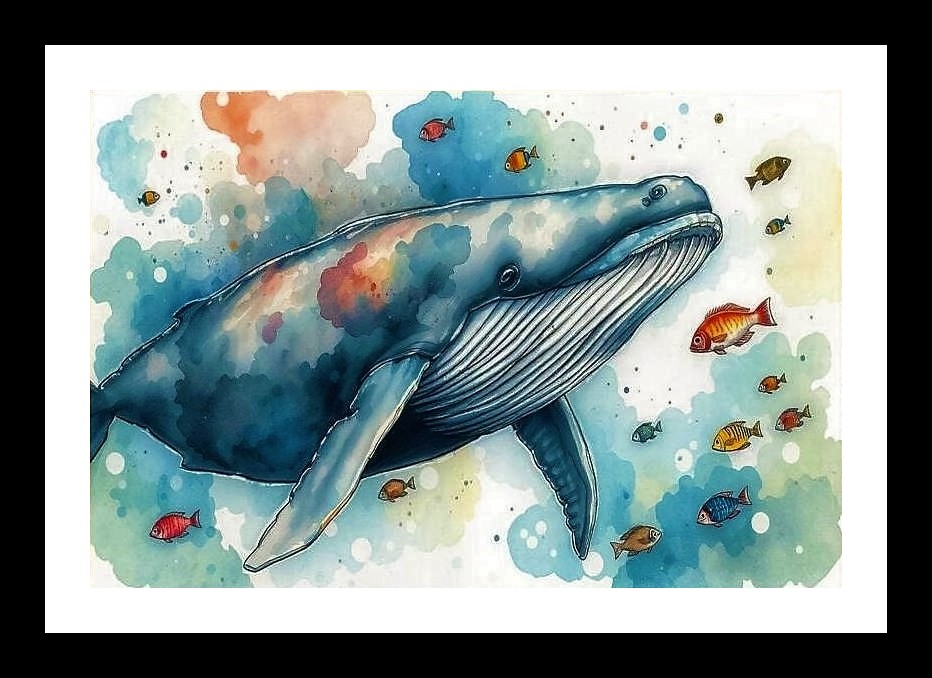 Blue Whale Watercolor Ocean Portrait - Serene Wall Art Photo Frame With Photo, Wall Hanging Art, Wall Decor, Home Decor, Picture Frame | Size: 8 x 12 inches