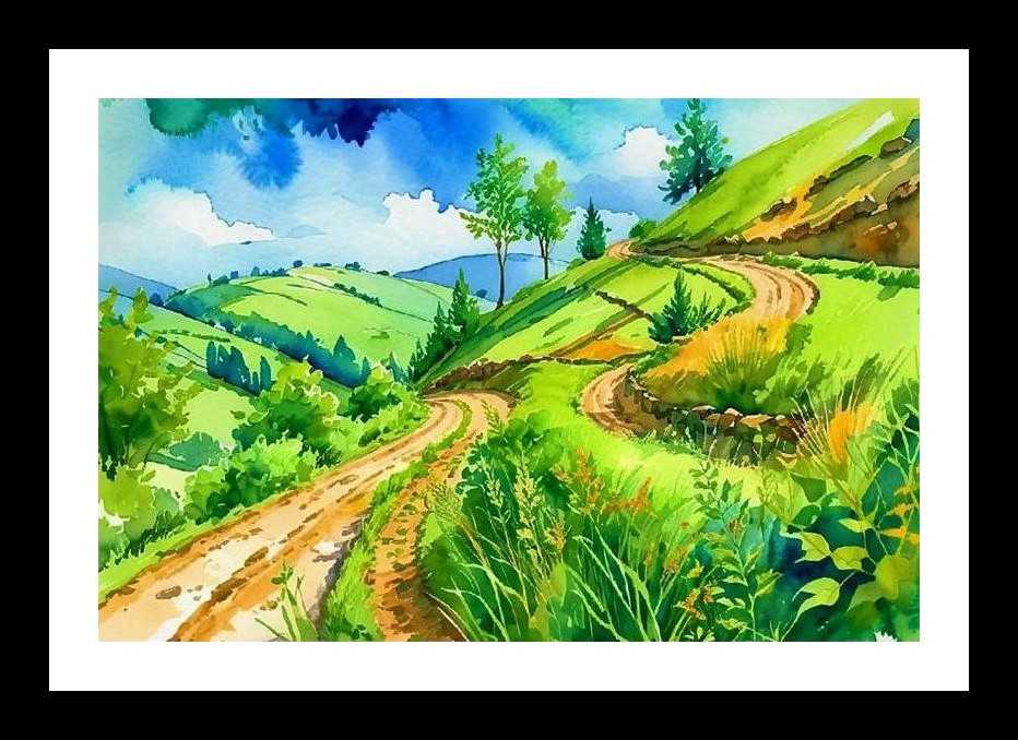 Winding Road Through Green Hills - Sunny Landscape Portrait Wall Art, Interior Accents, Framing Solutions, Residential/Commercial Decor, Premium Gifts | Size: 8 x 12 inches