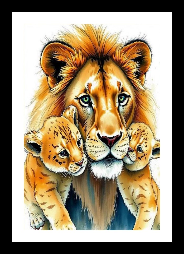 Lion's Love: Majestic Portrait with Cubs. Wall Art, Interior Accents, Framing Solutions, Residential/Commercial Decor, Premium Gifts | Size: 8 x 12 inches