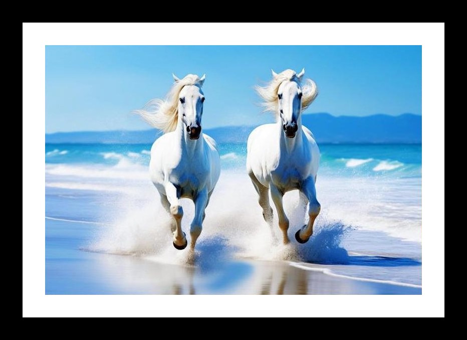 Sunlit Beach Gallop: Two White Horses Free. Wall Art, Interior Accents, Framing Solutions, Residential/Commercial Decor, Premium Gifts | Size: 8 x 12 inches