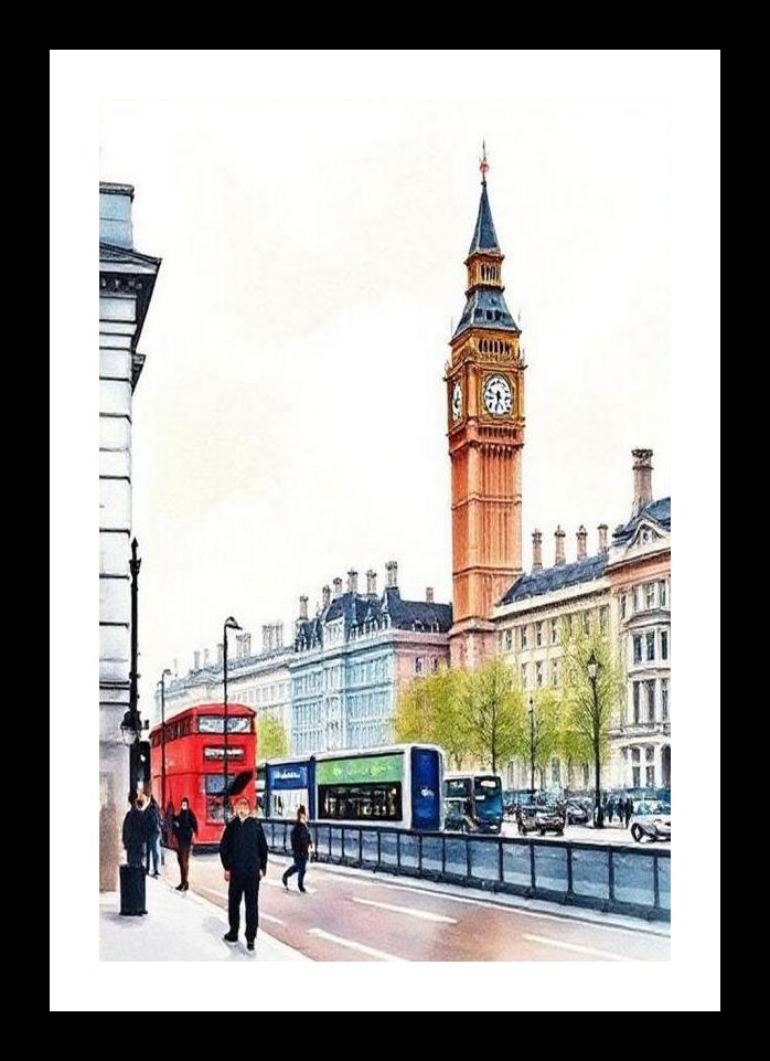 London Street Scene Portrait - Big Ben, Buses, People. Wall Art, Interior Accents, Framing Solutions, Residential/Commercial Decor, Premium Gifts | Size: 8 x 12 inches