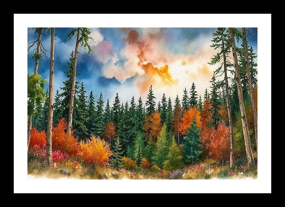 Watercolor Forest Portrait - Mountain Trees & Flowers Wall Art, Interior Accents, Framing Solutions, Residential/Commercial Decor, Premium Gifts | Size: 8 x 12 inches
