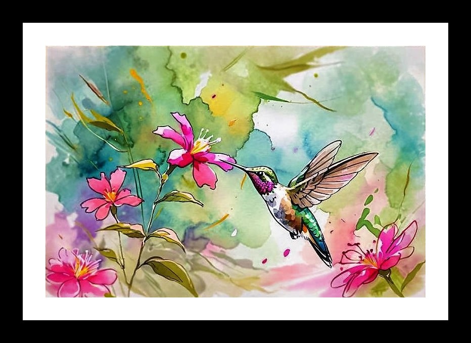 Hummingbird's Kiss: Watercolor Flight Among Pink Blooms Wall Art, Interior Accents, Framing Solutions, Residential/Commercial Decor, Premium Gifts | Size: 8 x 12 inches
