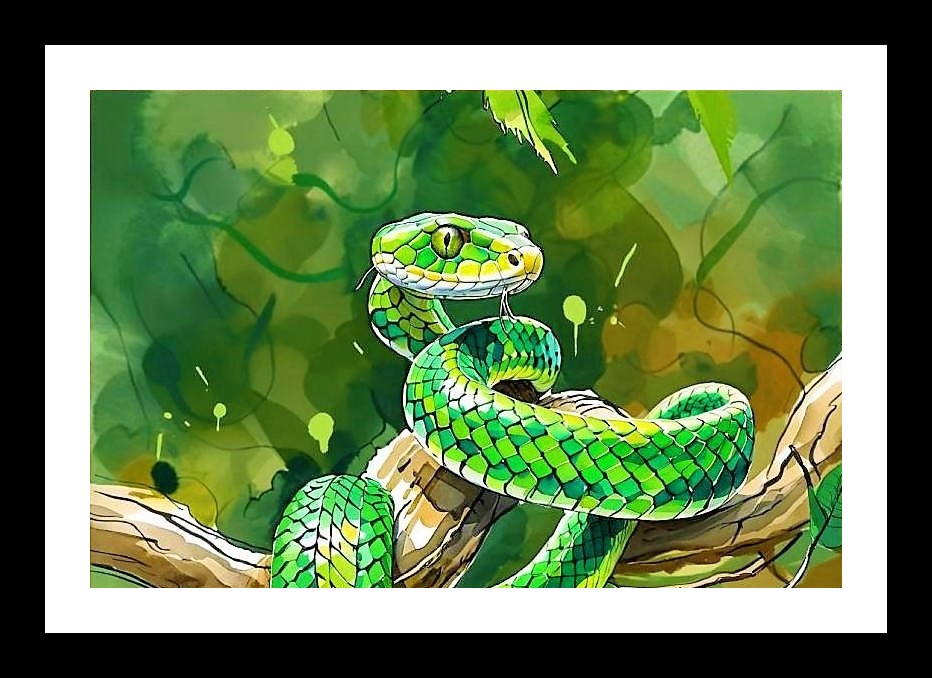 Jungle Serpent's Embrace: Vibrant Green Snake Art Photo Frame With Photo, Wall Hanging Art, Wall Decor, Home Decor, Picture Frame | Size: 8 x 12 inches