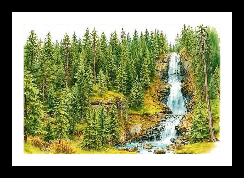 Serene Waterfall Forest Portrait - Calming Nature Art. Photo Frame With Photo, Wall Hanging Art, Wall Decor, Home Decor, Picture Frame | Size: 8 x 12 inches