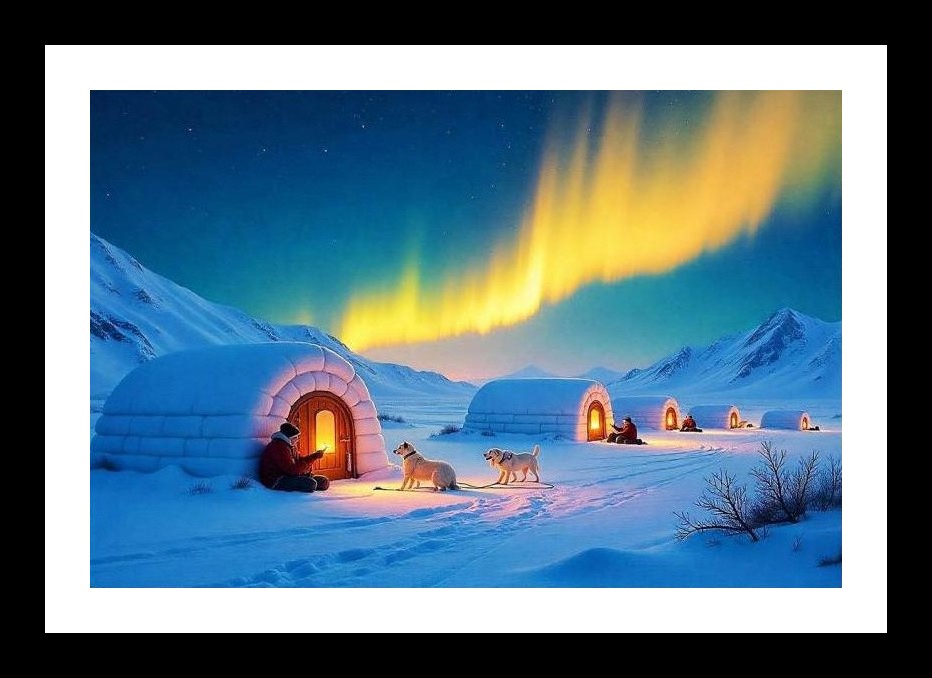 Arctic Aurora Huts: Cozy Glow. Wall Art, Interior Accents, Framing Solutions, Residential/Commercial Decor, Premium Gifts | Size: 8 x 12 inches