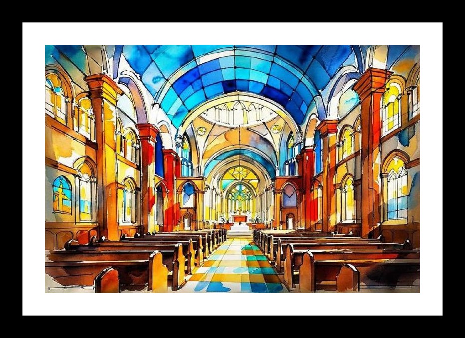 Cathedral Interior Watercolor Portrait - Vibrant & Majestic Wall Art, Interior Accents, Framing Solutions, Residential/Commercial Decor, Premium Gifts | Size: 8 x 12 inches
