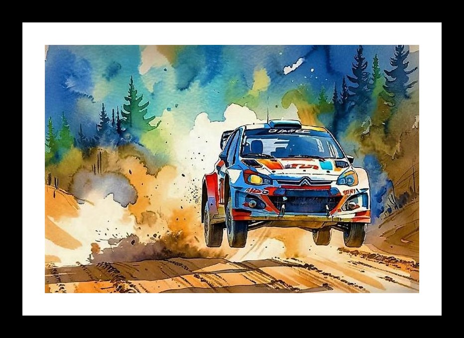 Rally Car Leap: Pine Forest Speed Portrait Wall Art, Interior Accents, Framing Solutions, Residential/Commercial Decor, Premium Gifts | Size: 8 x 12 inches