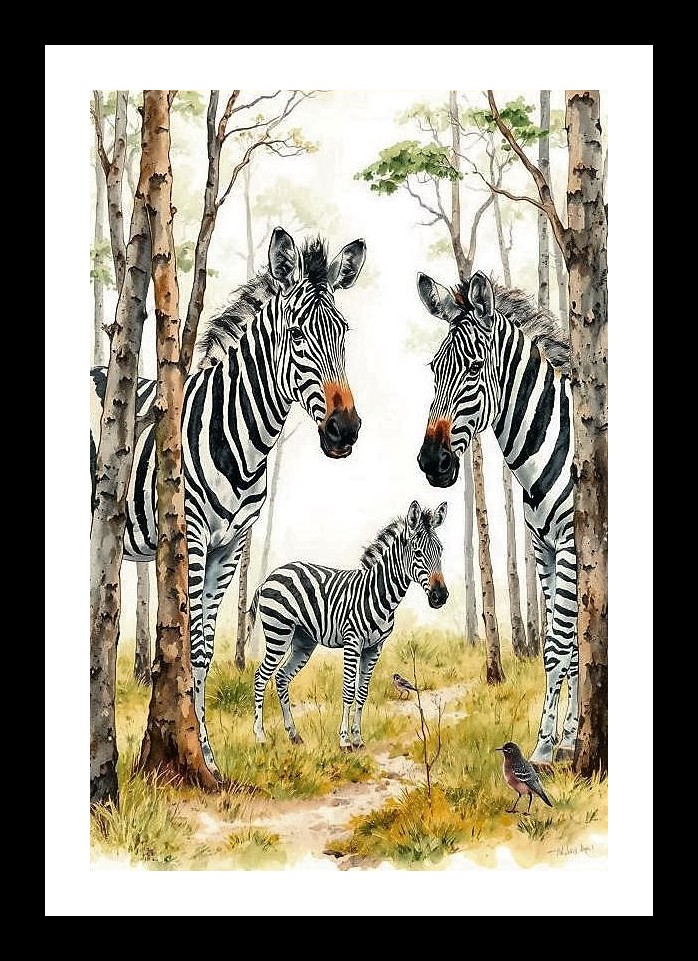 Zebra Herd Portrait in Lush Forest - Stunning Wall Art. Photo Frame With Photo, Wall Hanging Art, Wall Decor, Home Decor, Picture Frame | Size: 8 x 12 inches