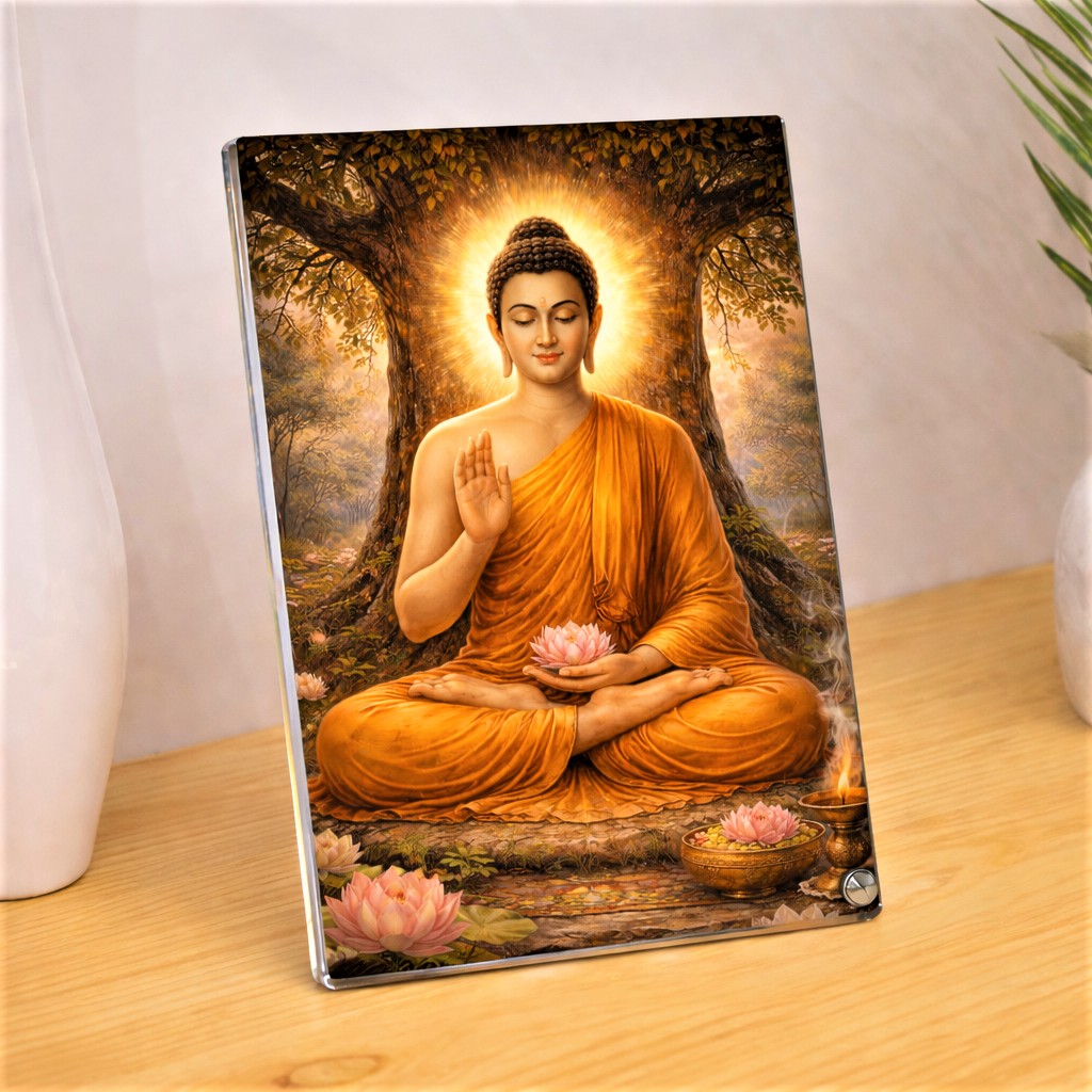Serene Lord Buddha, Glowing Tree, Lotus - Spiritual Meditation Art, Sparkle Acrylic Photo Frame, Religious Images, Puja Room, Tabletop Framing Solutions, Residential/Commercial Decor, Premium Gifts