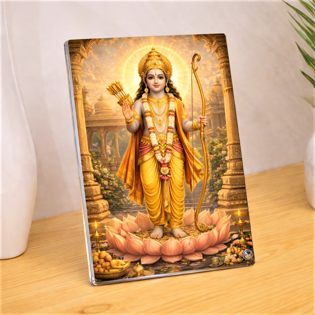 Majestic Lord Rama Lotus Acrylic Photo Frame Sparkle Acrylic Photo Frame, Religious Images, Spiritual Images, Puja Room, Tabletop Framing Solutions, Residential/Commercial Decor, Premium Gifts