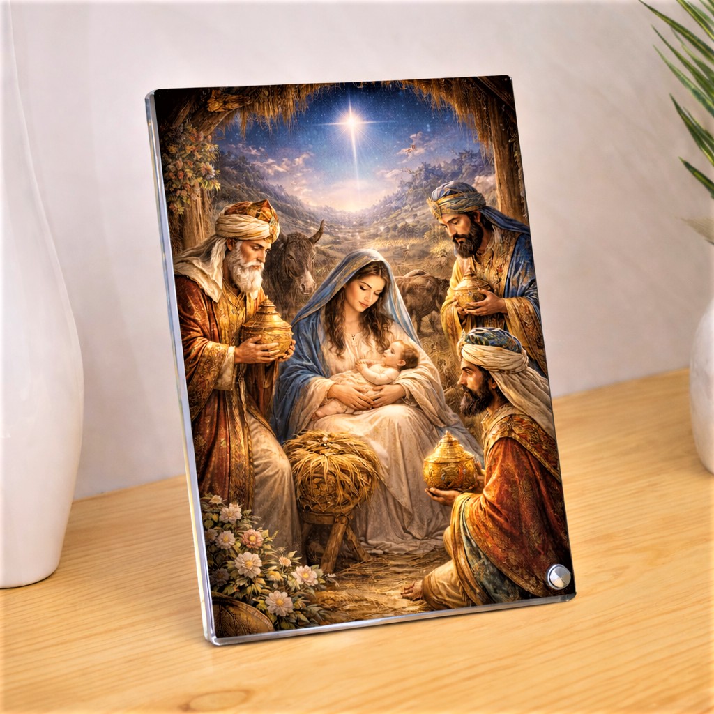 Bethlehem Star Guides Kings to Holy Family, Sparkle Acrylic Photo Frame, Religious Images, Spiritual Images, Tabletop Framing Solutions, Residential/Commercial Decor, Premium Gifts