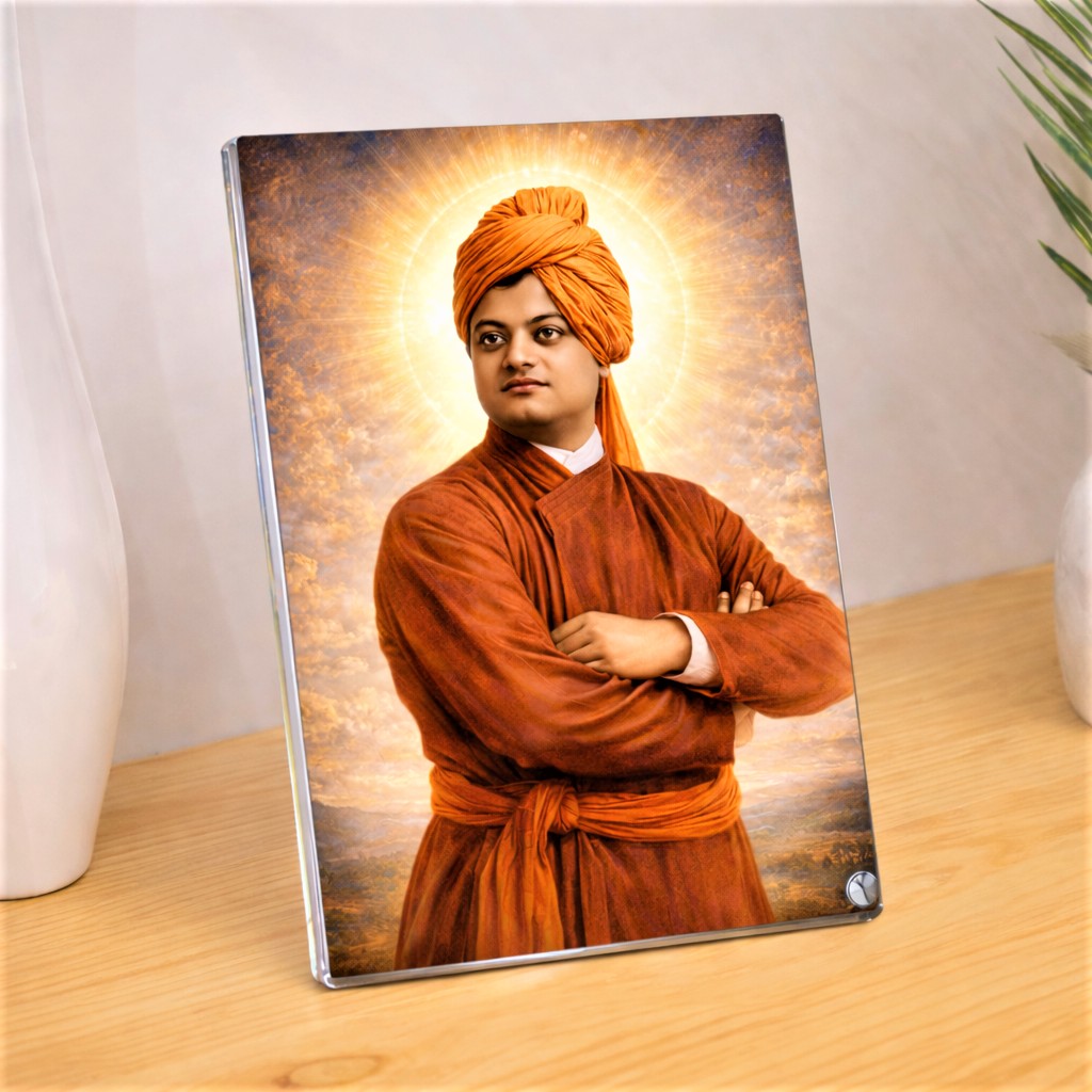 Swami Vivekananda Celestial Radiance Sparkle Acrylic Photo Frame. Religious, Spiritual Puja Decor & Premium Gift.
