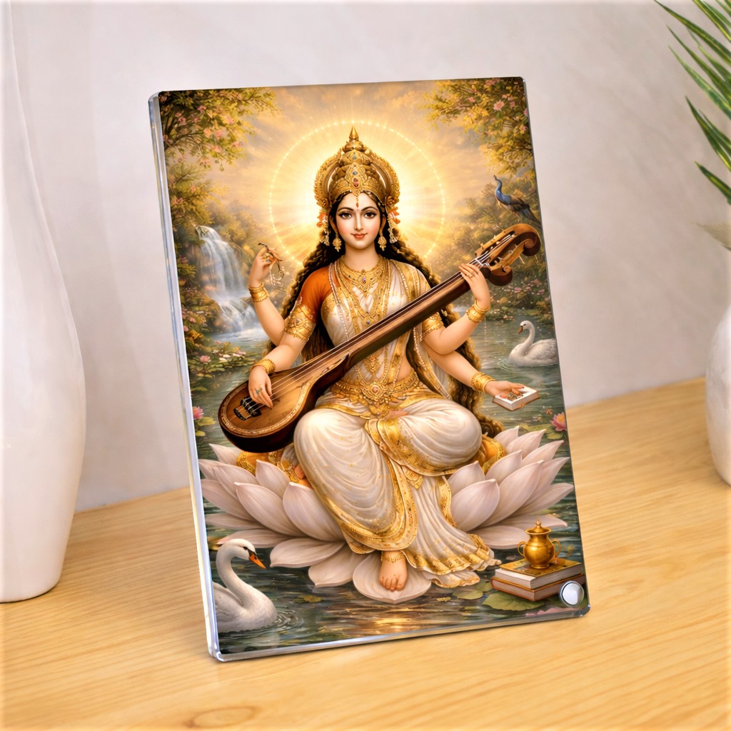 Goddess Saraswati Veena on Lotus in Serene Paradise Sparkle Acrylic Photo Frame, Religious Images, Spiritual Images, Puja Room, Tabletop Framing Solutions, Residential/Commercial Decor, Premium Gifts
