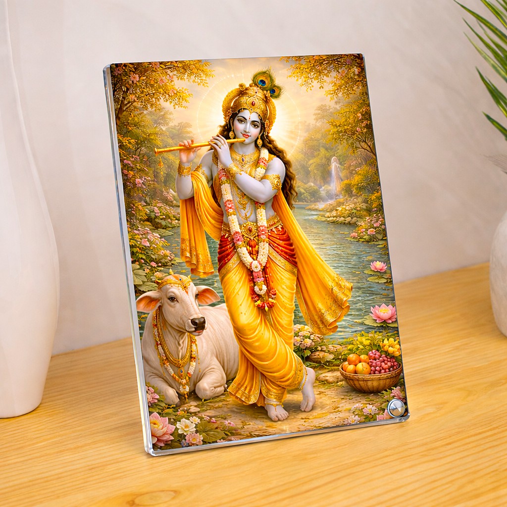 Lord Krishna Flute Play in Blissful Garden with Holy Cow & River - Sparkle Acrylic Photo Frame, Religious Images, Puja Room, Tabletop Framing Solutions, Residential/Commercial Decor, Premium Gifts
