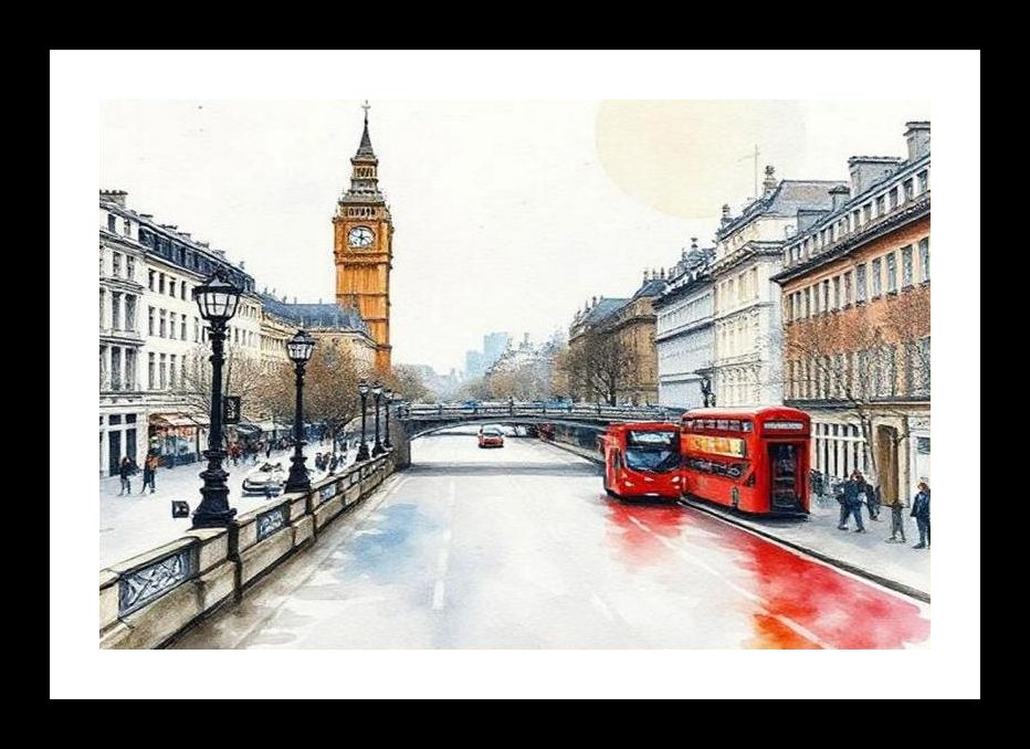 London Watercolor: Big Ben & Buses Fine Art Print. Wall Art, Interior Accents, Framing Solutions, Residential/Commercial Decor, Premium Gifts | Size: 8 x 12 inches