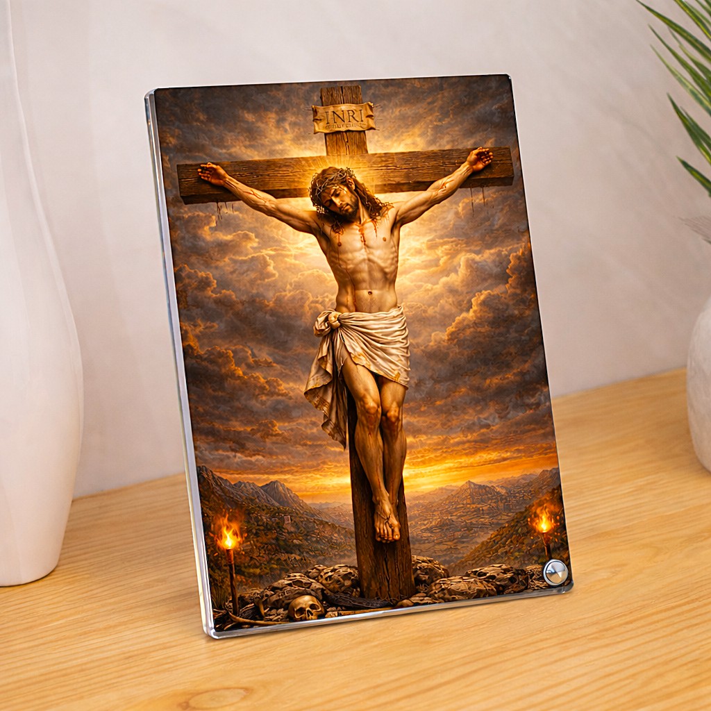 Acrylic Jesus Crucifixion Frame with Skull & Thorns, Sparkle Acrylic Photo Frame, Religious Images, Tabletop Framing Solutions, Residential/Commercial Decor, Premium Gifts