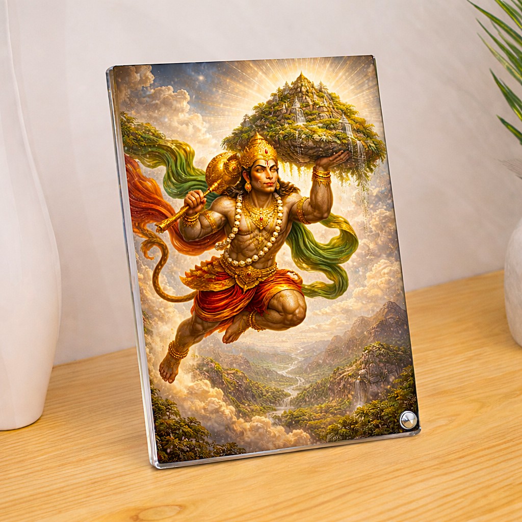 Mighty Lord Hanuman Dronagiri Acrylic Photo Frame - Divine Strength. Sparkle Acrylic Photo Frame, Religious Images, Puja Room, Tabletop Framing Solutions, Residential/Commercial Decor, Premium Gifts