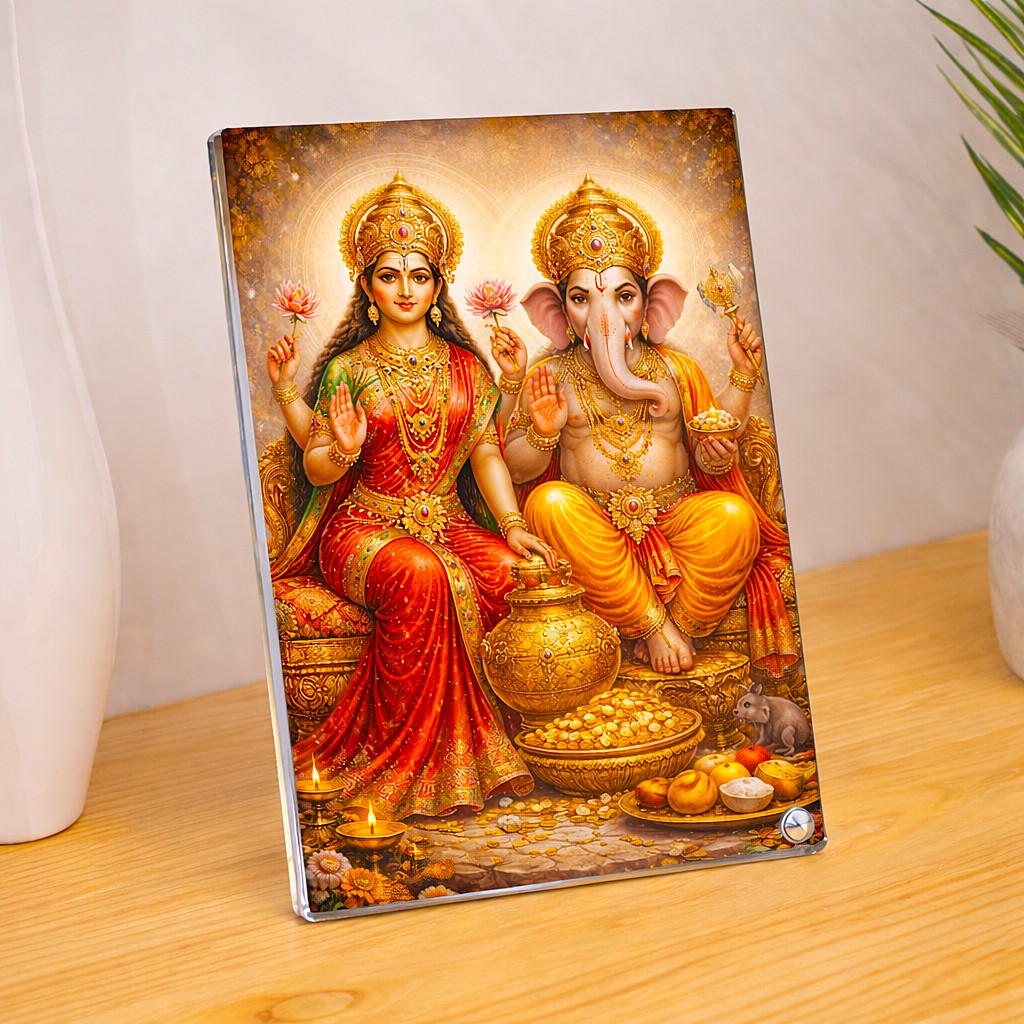 Lakshmi Ganesha Golden Splendor for Wealth & Blessings, Sparkle Acrylic Photo Frame, Religious Images, Puja Room, Tabletop Framing Solutions, Residential/Commercial Decor, Premium Gifts