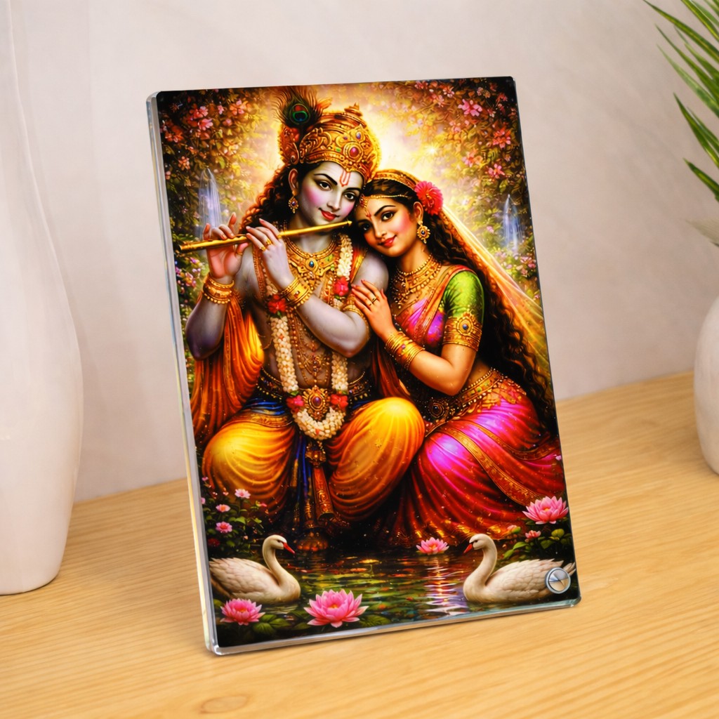 Stunning Radha Krishna Love Frame, Flute Serenade in Heavenly Garden, Sparkle Acrylic Photo Frame, Religious Images, Puja Room, Tabletop Framing Solutions, Residential/Commercial Decor, Premium Gifts