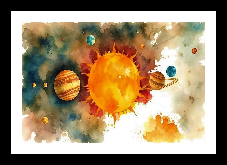 Cosmic Dance Watercolor Portrait - Sun, Planets, and Stars Wall Art, Interior Accents, Framing Solutions, Residential/Commercial Decor, Premium Gifts | Size: 8 x 12 inches