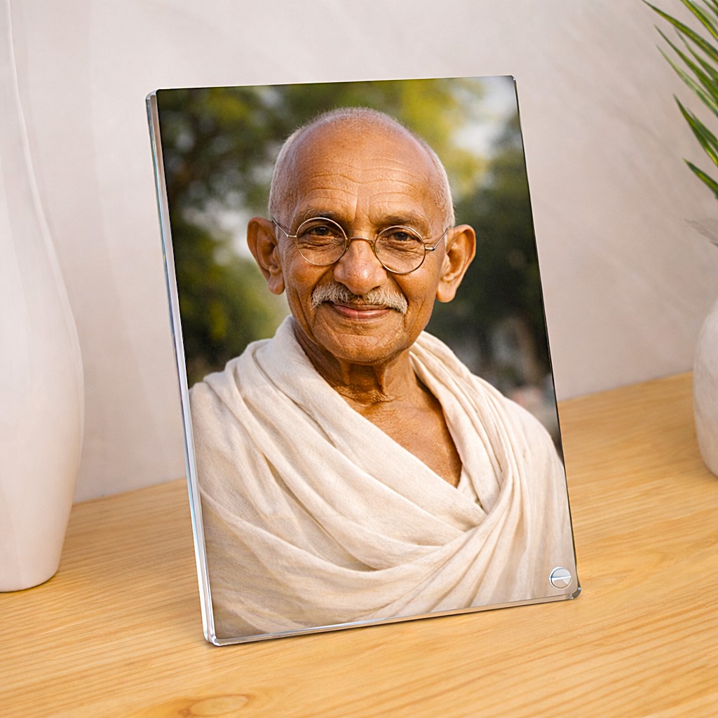 Gandhi's Serene Sparkle Acrylic Photo Frame for Wisdom & Non-Violence, Spiritual Decor, Premium Gift