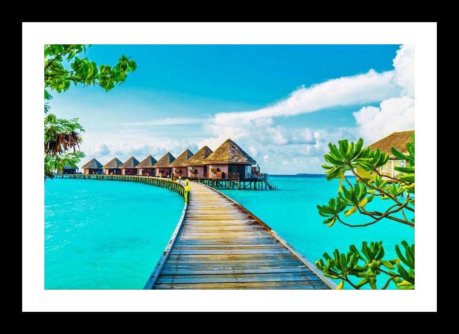 Turquoise Lagoon Boardwalk Bungalows - Wall Art, Interior Accents, Framing Solutions, Residential/Commercial Decor, Premium Gifts | Size: 8 x 12 inches