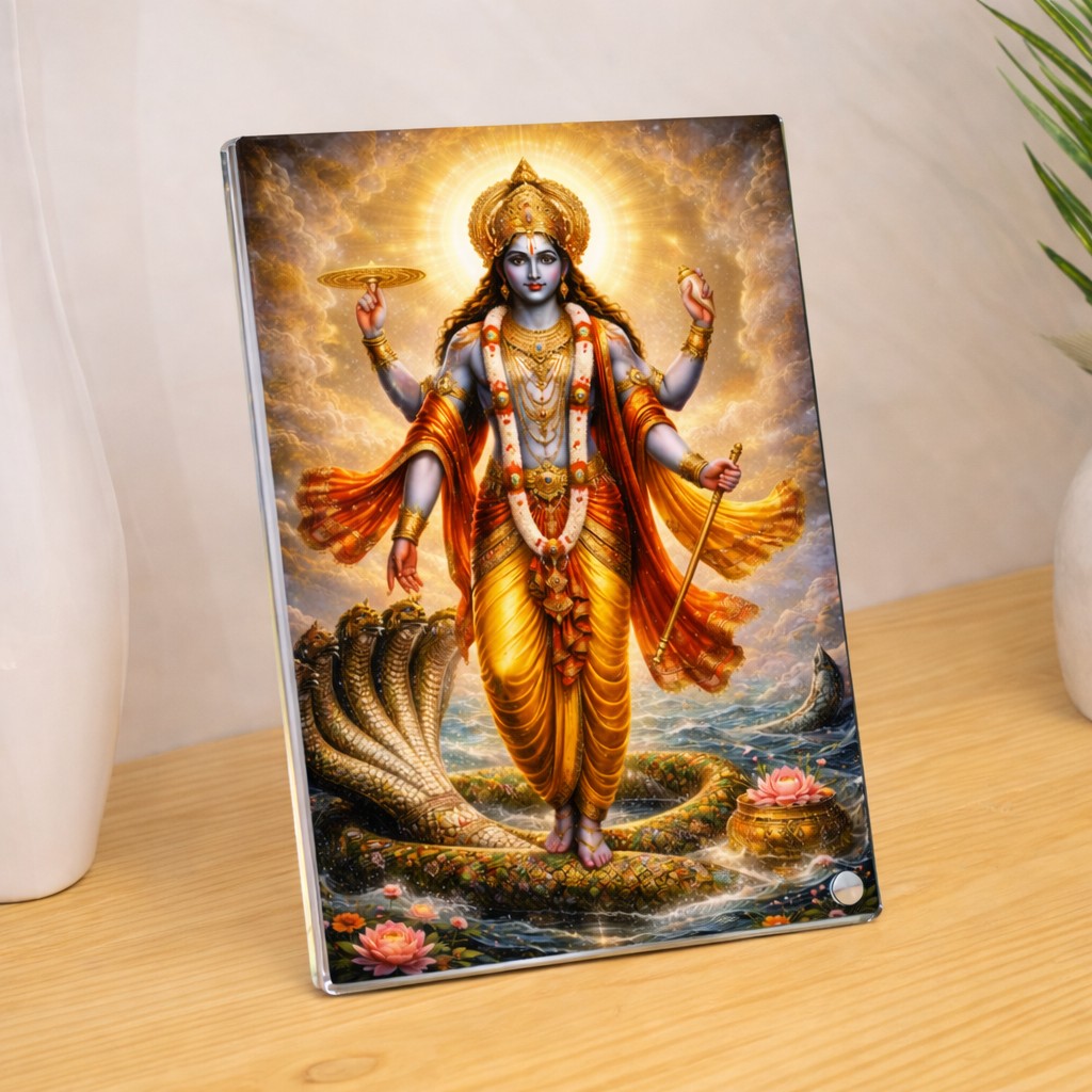 Radiant Lord Vishnu Sheshnag Acrylic Photo Frame, Sparkle Acrylic Photo Frame, Religious Images, Spiritual Images, Puja Room, Tabletop Framing Solutions, Residential/Commercial Decor, Premium Gifts