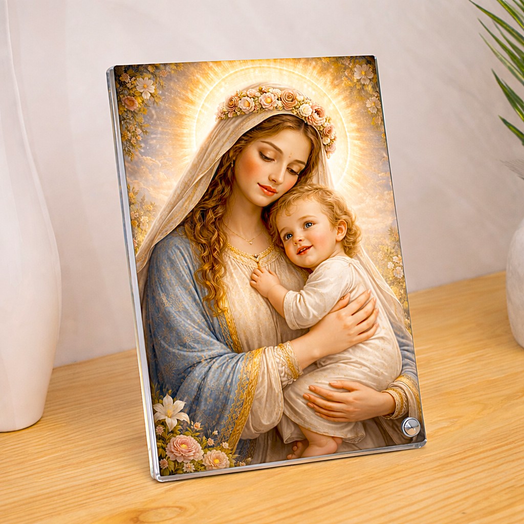 Virgin Mary & Baby Jesus, Divine Light & Floral Embrace, Sparkle Acrylic Photo Frame, Religious Images, Tabletop Framing Solutions, Residential/Commercial Decor, Premium Gifts