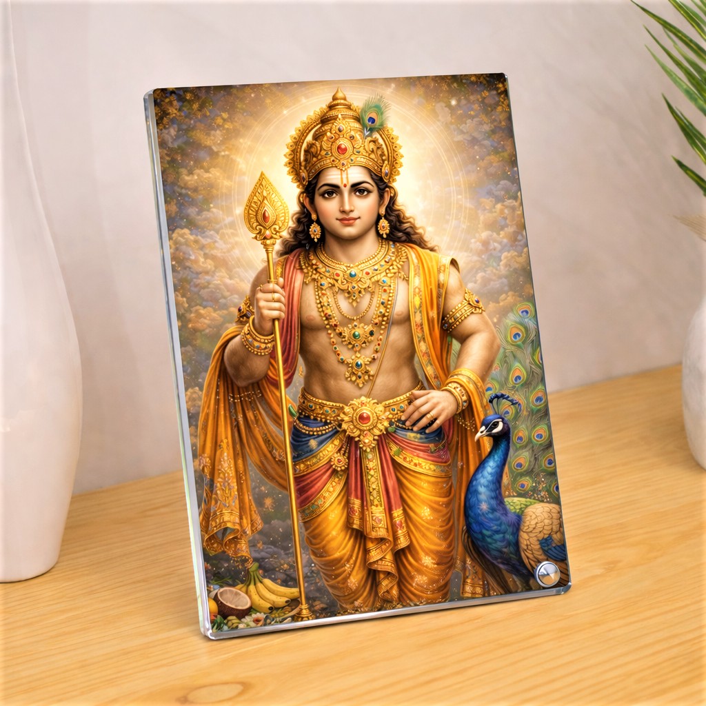 Divine Lord Murugan Gold, Spear & Peacock Acrylic Photo Frame, Sparkle Acrylic Photo Frame, Religious Images, Puja Room, Tabletop Framing Solutions, Residential/Commercial Decor, Premium Gifts