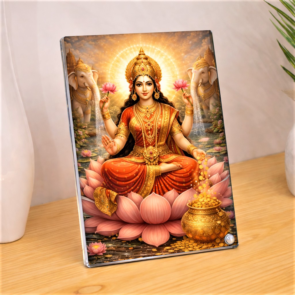 Devi Lakshmi Acrylic Frame: Prosperity, Coins & Elephant Blessings, Sparkle Acrylic Photo Frame, Religious Images, Puja Room, Tabletop Framing Solutions, Residential/Commercial Decor, Premium Gifts