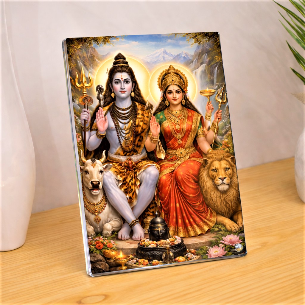 Divine Shiva Parvati Nandi Blessings Acrylic Photo Frame Sparkle Acrylic Photo Frame, Religious Images, Puja Room, Tabletop Framing Solutions, Residential/Commercial Decor, Premium Gifts